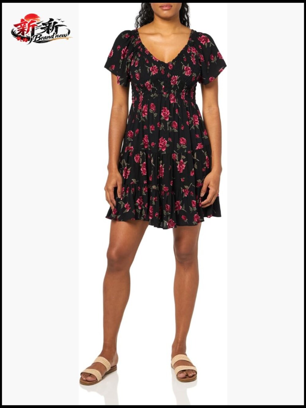 Short Sleeve Floral Smocked Bodice A-Line Dress Rayon